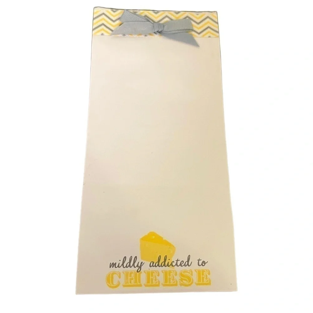 Mildly Addicted to Cheese Magnetic Notepad Fridge White Gray Yellow Chevron Bow